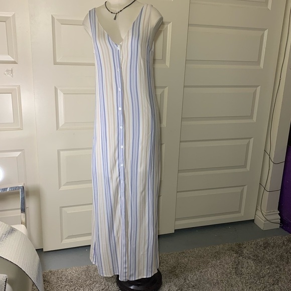Sadie & Sage High Tide Costal Button Down Maxi Dress White Blue Tan Stripes Sz S - Picture 5 of 13